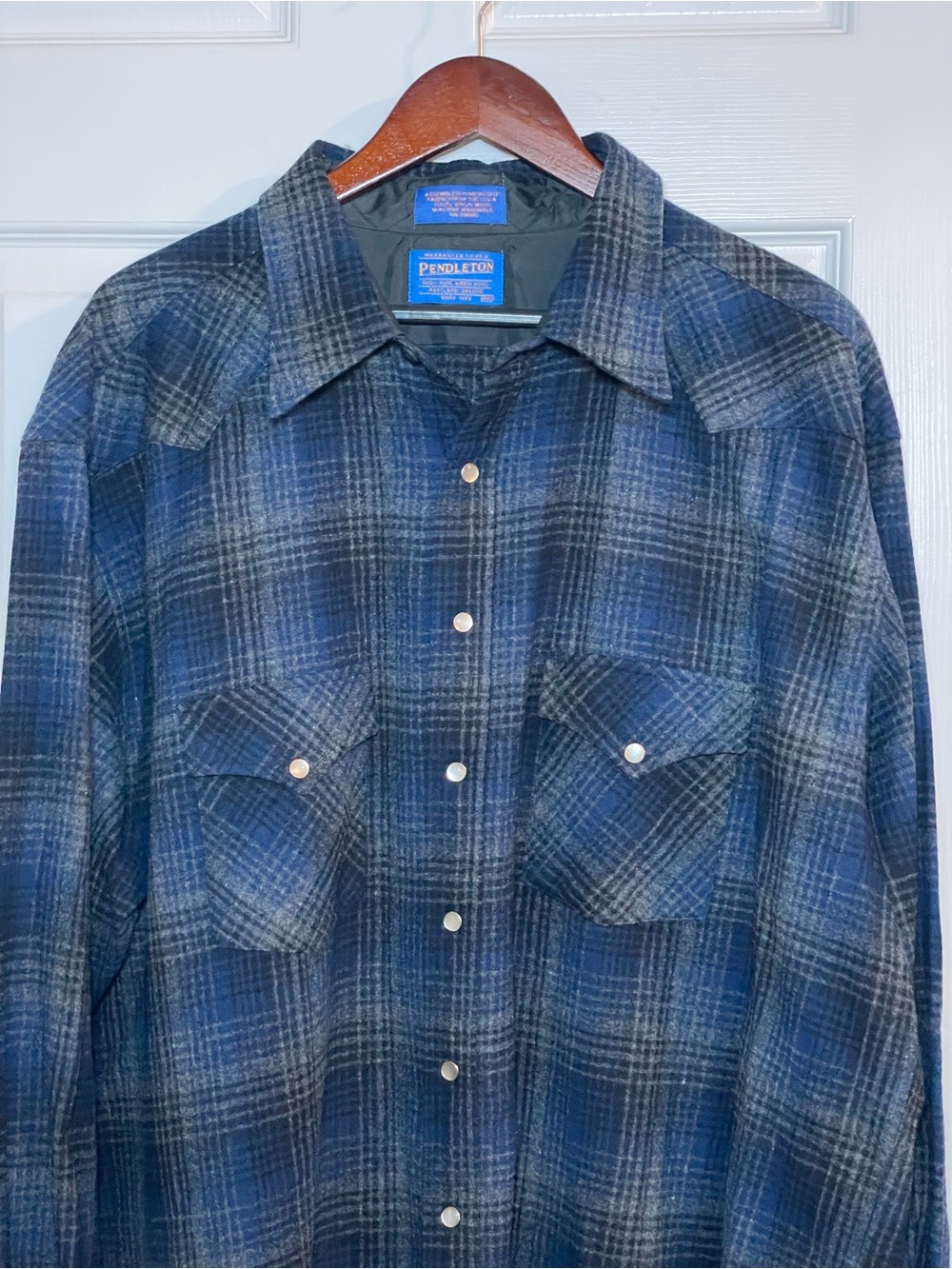 Pendleton Men’s XXL 100% Virgin Wool Blue Plaid Pearl Snap Western Shirt 2XL - Picture 2 of 8